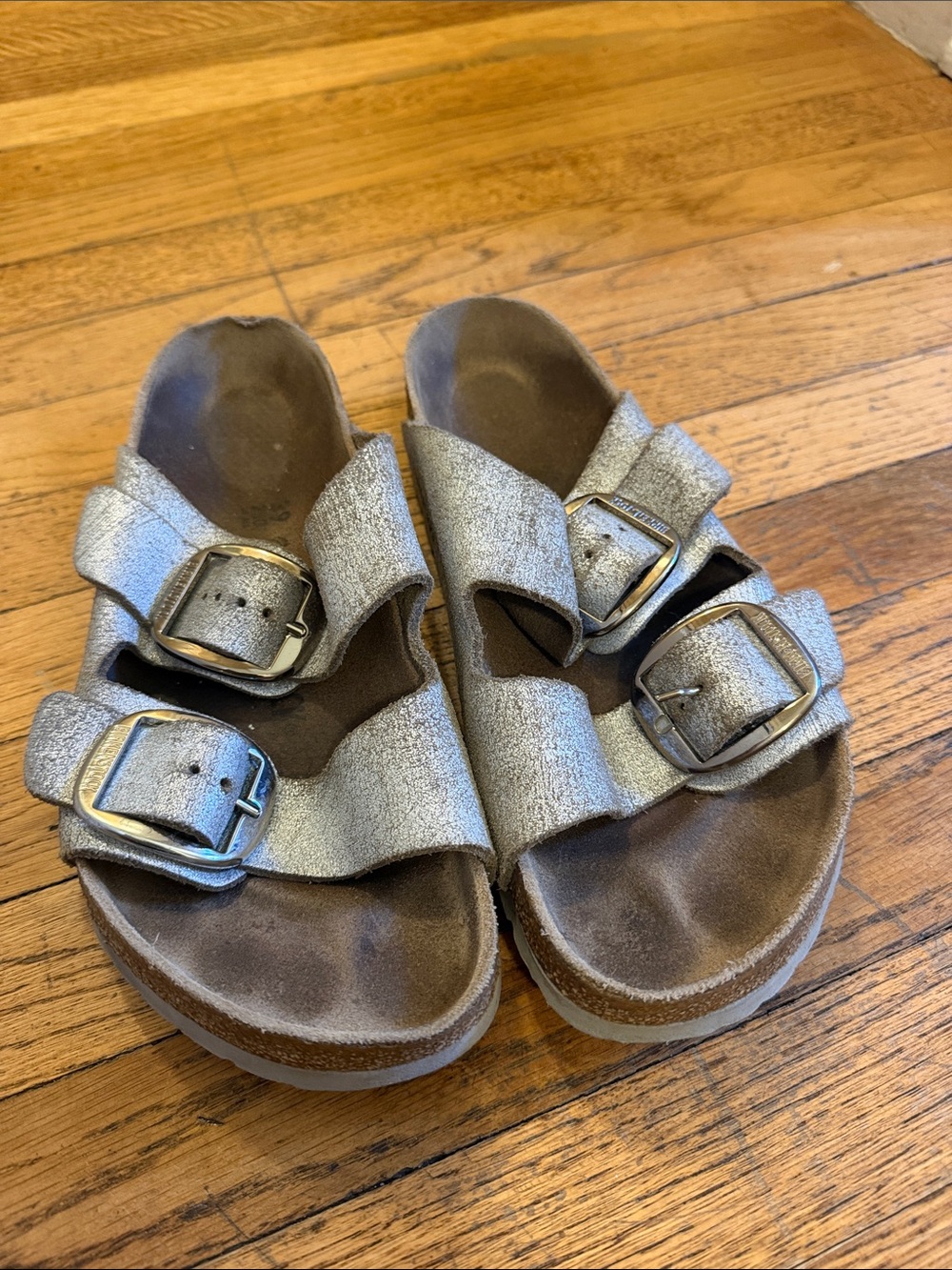Big Buckle Birkenstocks 39 Metallic Silver Double-Buckle Slide Sandals